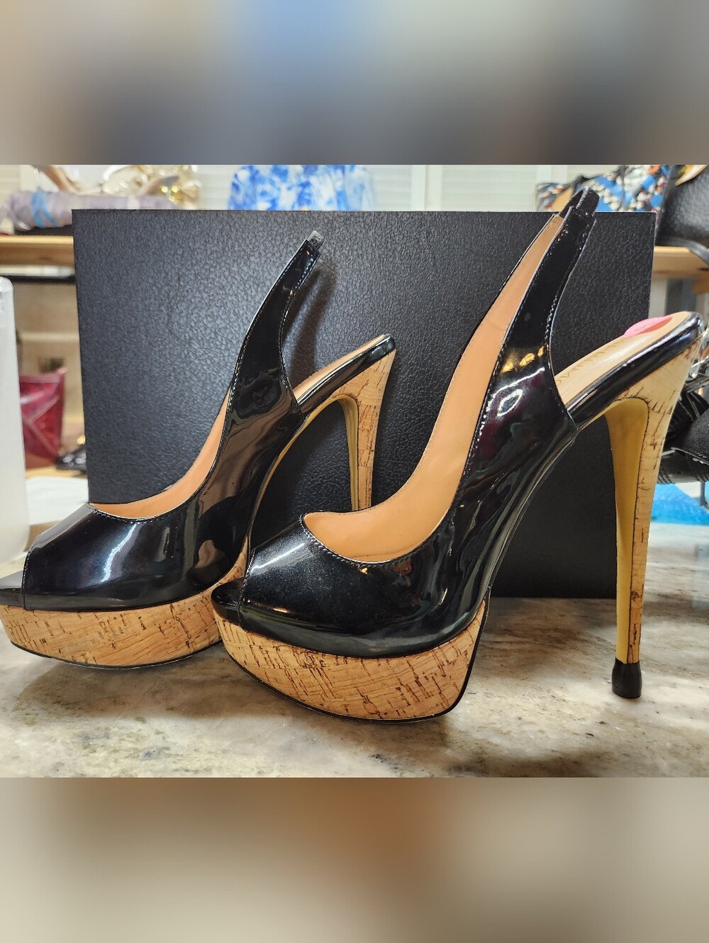 Black Patent Leather Cork Platform Slingback Heels
